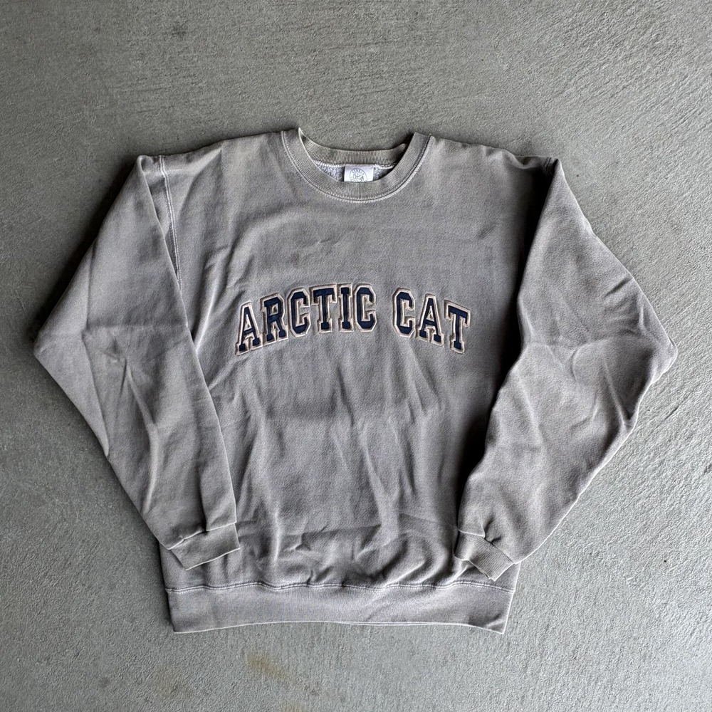 Vintage 90's Arctic Cat Sun Faded Crewneck Olive Gray Snowmobile Sweatshirt